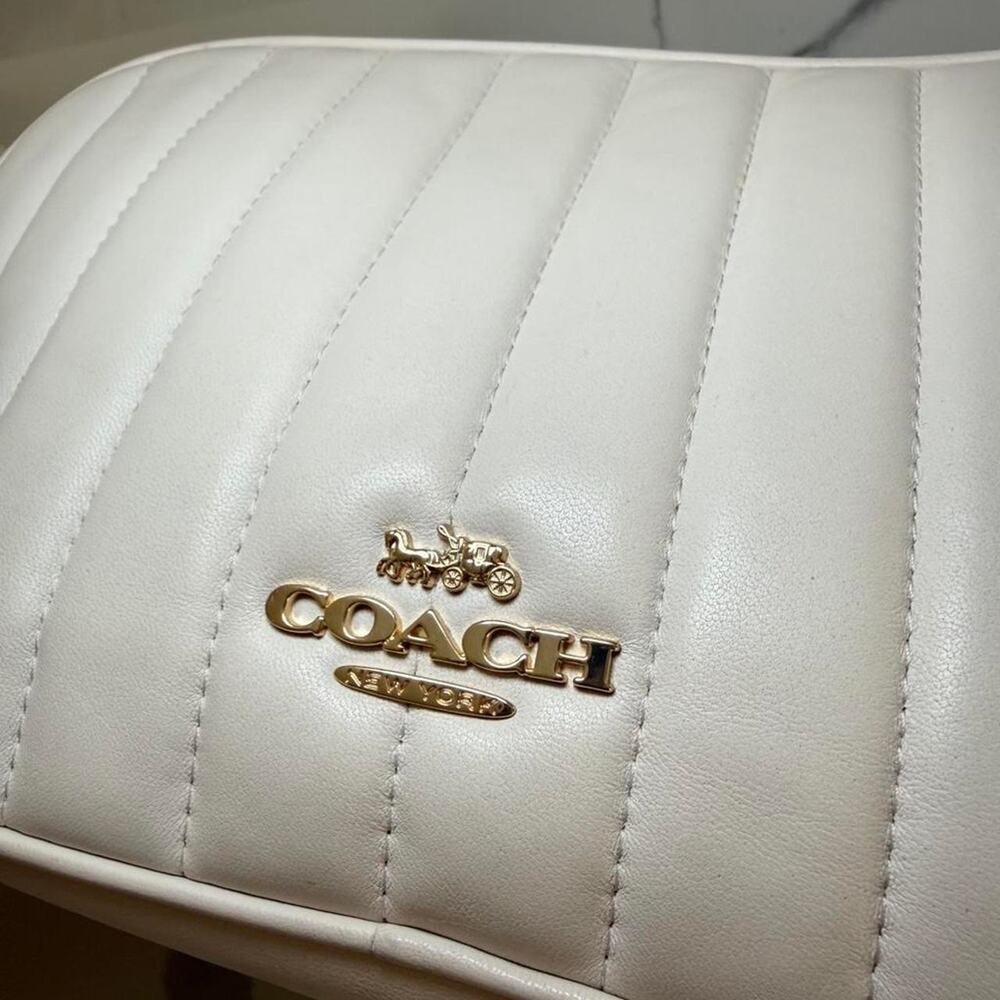 Coach White Quilted Leather Crossbody Bag Dual Zipper Gold Chain Shoulder Purse - Picture 6 of 8